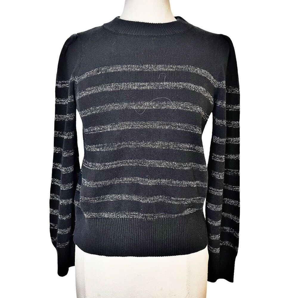 Rails Allegra Black Metallic Stripe Sweater XS 40" B Cashmere Cotton Puff Sleeve
